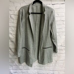 Women’s Long Open Herringbone Blazer Pockets‎ Gray White Zipper Pockets Size Med